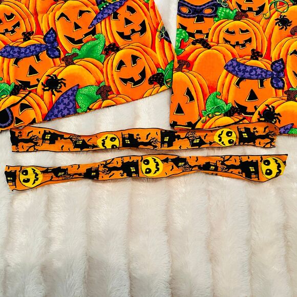Handmade Halloween Candy Tote bags w/ties Jack O Lantern Pumpkins in Witch Hats - Picture 4 of 6